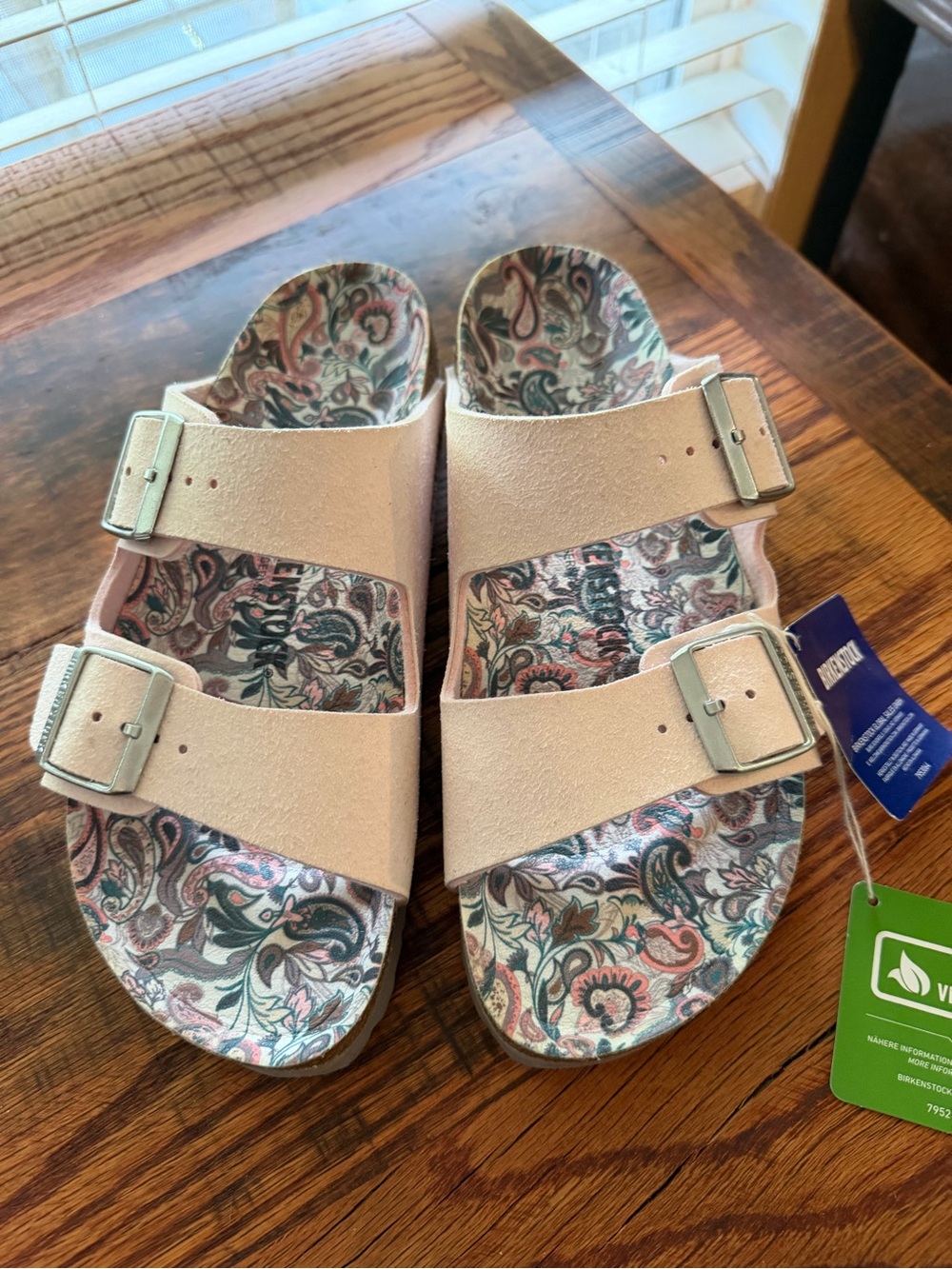 Birkenstock Light Pink Double Buckle Slide Sandals with Paisley Footbed
